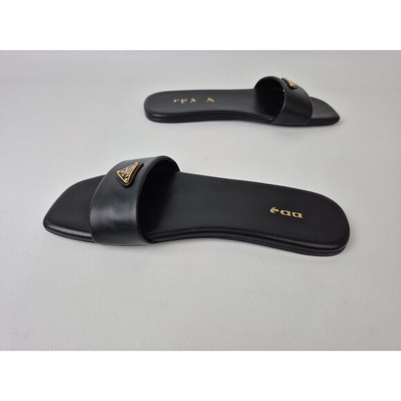 Prada Women's Black Leather Badge Triangle Logo Slides Sandals Size 37 - Picture 3 of 4